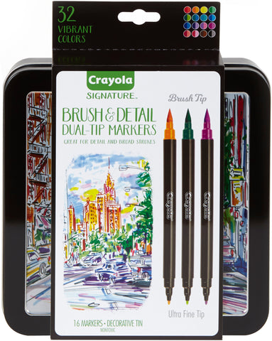 Crayola Signature Brush & Detail Dual-Tip Markers W/Tin