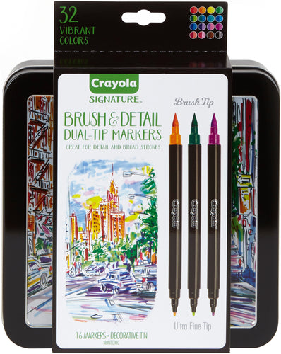 Crayola Signature Brush & Detail Dual-Tip Markers W/Tin