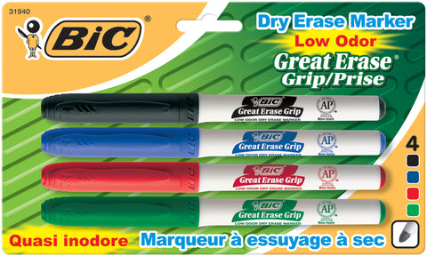 BIC Great Erase Low Odor Dry-Erase Fine Point Markers 4/Pkg