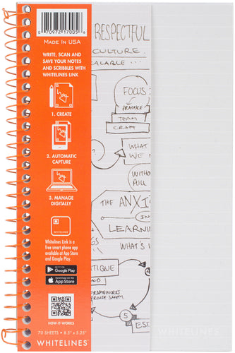 Whitelines Wirebound Lined Notebook 8.5"X5.25" 70 Sheets