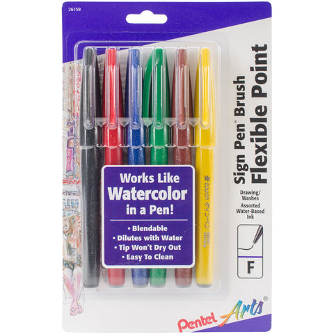 Pentel Arts Sign Pens With Brush Tip 6/Pkg