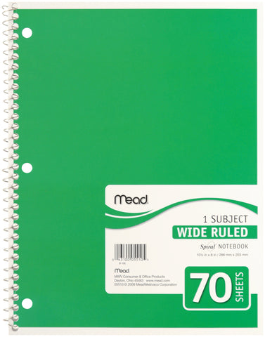 Mead 1 Subject Wide Ruled Spiral-Bound Notebook 10.5"X8"