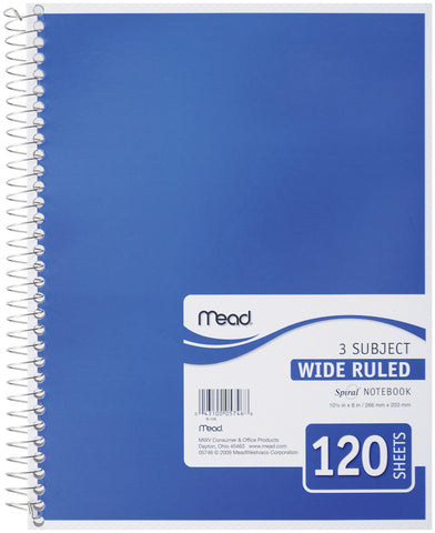 Mead 3 Subject Wide Ruled Spiral-Bound Notebook 10.5"X8"