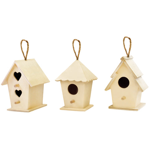 Wood Craft 4" Birdhouses w/Jute Cord 3 Style Assortment 36pk