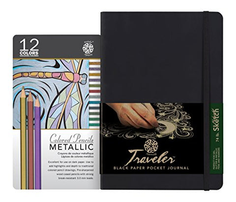 Pentalic Art Pentalic Value Pack, 8-inch-by-6-inch Black Paper Travelers Sketch, 12 Color Metallic Pencil Tin Set, 6-inch x 8-inch Journal