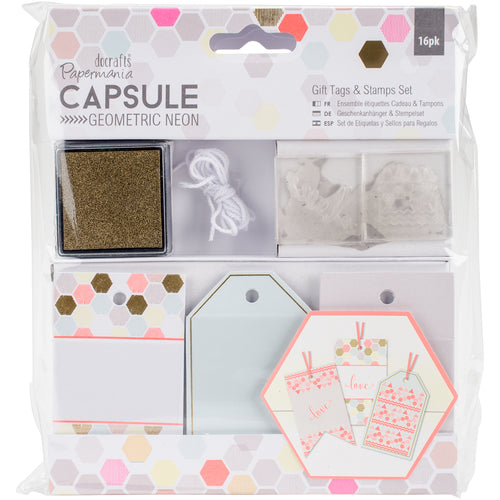 Papermania Geometric Neon Gift Tags & Stamps Set 16/Pkg