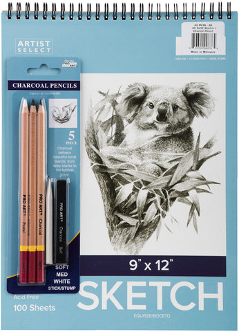 Artist Select Sketch Pad 9&quot;X12&quot; &amp; 5pc Charcoal Pencil Set