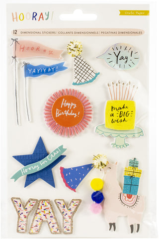 Hooray Dimensional Stickers 12/Pkg