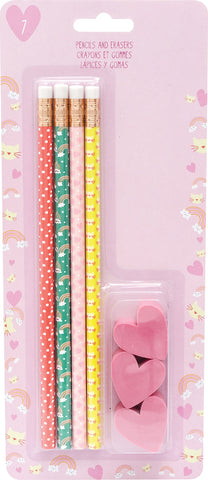 Trendy Stationery Pencils & Heart Erasers 7/Pkg