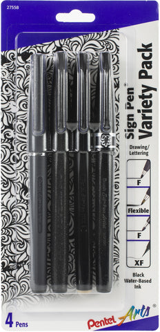 Pentel Arts Sign Pen W/Fiber Tip Variety Pack 4/Pkg