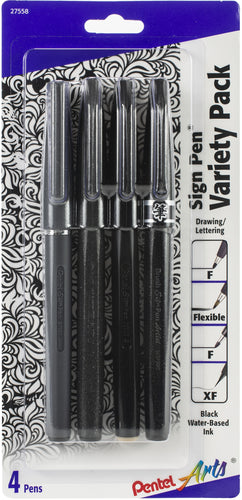 Pentel Arts Sign Pen W/Fiber Tip Variety Pack 4/Pkg