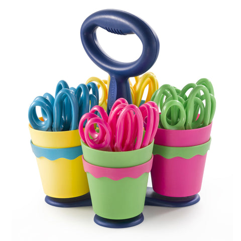 School Scissor Caddy With 24 Pointed 5 Kids Scissors, Anti-Microbial Protection