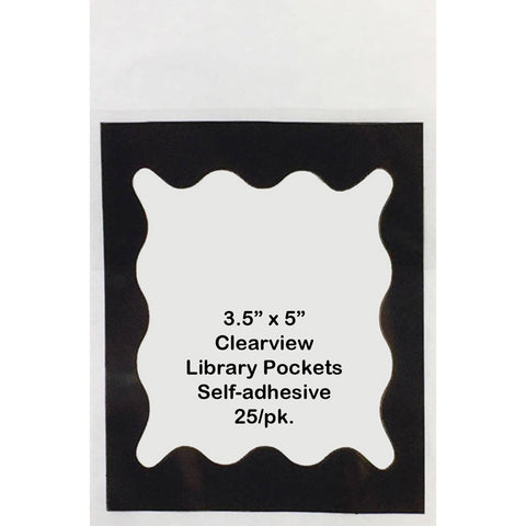 Clear View Self-Adhesive Library Pockets, 3 1/2 X 5, Clear With Black Scallop Border