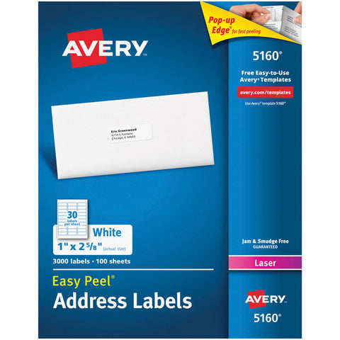 Easy Peel Address Labels, Permanent Adhesive, 1 X 2-5/8, 3,000 Labels