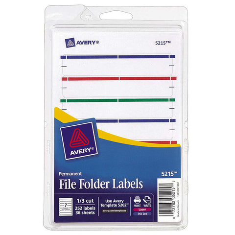 File Folder Labels, Permanent Adhesive, Assorted Colors, 1/3 Cut, 252 Labels