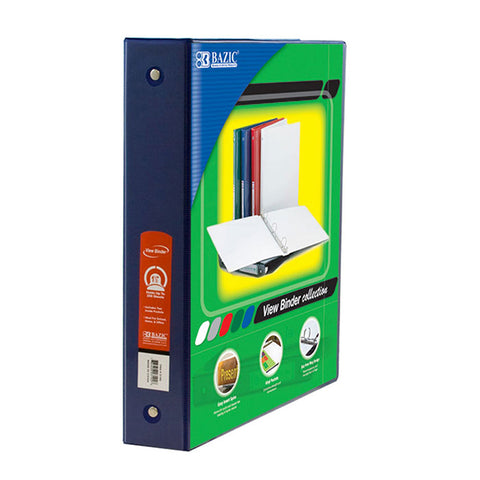 Bazic 3-Ring View Binder With 2 Pockets, 1.5, Blue