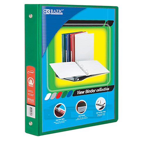 Bazic 3-Ring View Binder With 2 Pockets, 1.5, Green