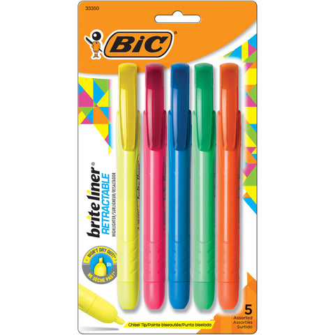 Brite Liner Retractable Highlighter, Chisel Tip, Assorted Colors, Pack Of 5