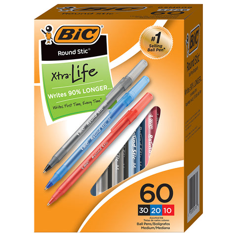 Round Stic Xtra Life Ballpoint Pens, Assorted, Box Of 60