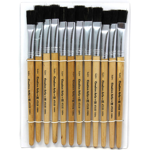 Flat Tip Easel Paint Brushes, Short Stubby Handle, 0.50 Inch, Natural Handles, Black Bristles, 12/Pack