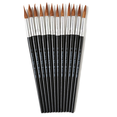 Water Color Paint Brushes With Round Pointed Tip, # 12, 1.06 Inch, Camel Hair, Black Handle, 12/Pack