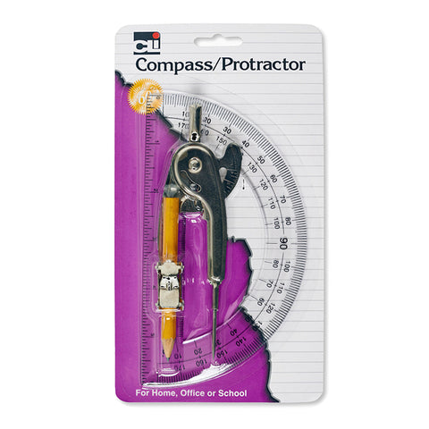 Ball Bearing Compass &amp; 6 Inch Protractor Combo Set, Metal/Clear Plastic