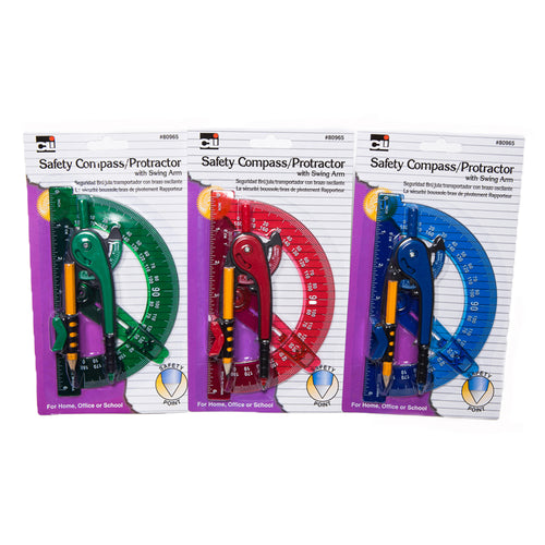 Compass Safety And 6 Swing Arm Protractor, Assorted Colors, Pack Of 12