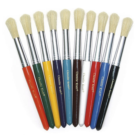 Beginner Paint Brushes, Round Stubby Brushes, 10 Assorted Colors, 7.5 Long, 10 Brushes