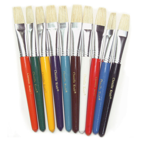 Beginner Paint Brushes, Flat Stubby Brushes, 10 Assorted Colors, 7.5 Long, 10 Brushes