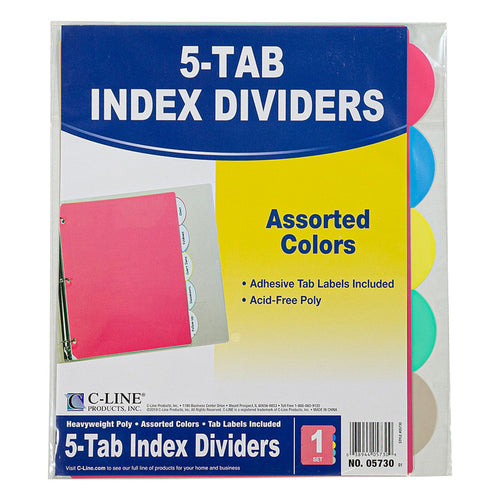 C-Line 5-Tab Poly Index Dividers Wo/Slant Pocket, Asstd Colors