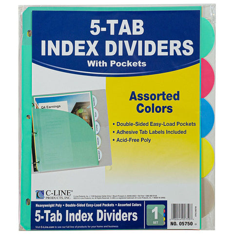 C-Line 5-Tab Poly Index Dividers W/Slant Pocket, Asstd Colors