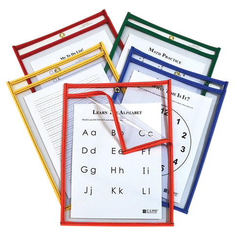 C-Line Super Heavyweight Plus Reusable Dry Erase Pockets - Study Aid, Assorted Primary Colors, 9 X 12, Box Of 25