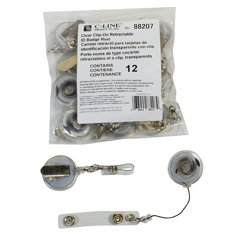 C-Line Retracting Id Card Reels, Spring Clip, Clear, Pack Of 12