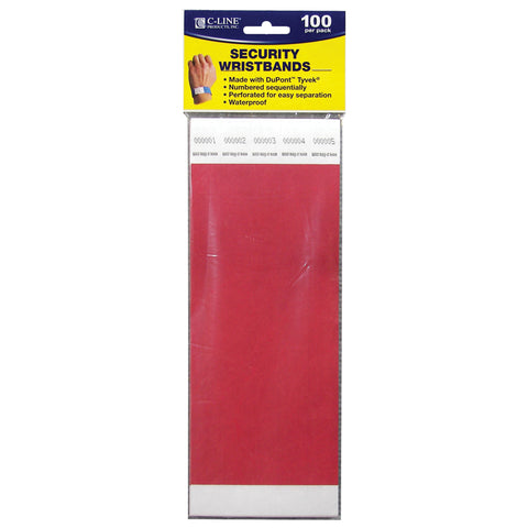 Dupont Tyvek Security Wristbands, Red, 100/Pack