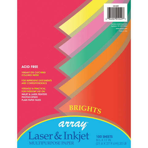 Bright Multi-Purpose Paper, 5 Assorted Colors, 20 Lb., 8-1/2 X 11, 100 Sheets
