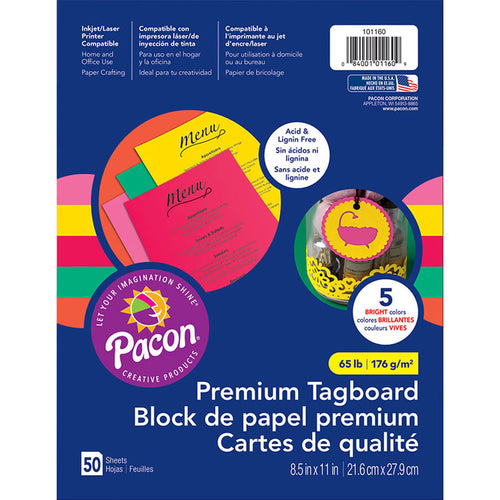 Premium Tagboard, 5 Assorted Bright Colors, 8-1/2 X 11, 50 Sheets