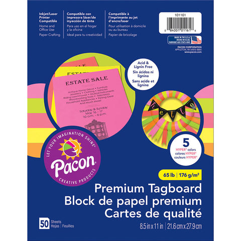 Premium Tagboard, 5 Assorted Hyper Colors, 8-1/2 X 11, 50 Sheets