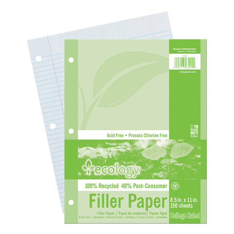 Recycled Filler Paper, White, 3-Hole Punched, 9/32 Ruled W/ Margin 8-1/2 X 11, 150 Sheets
