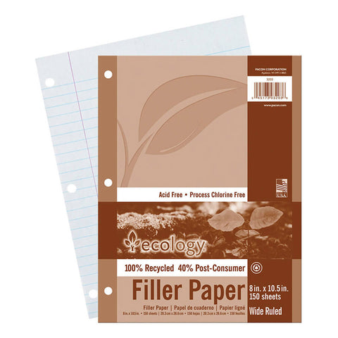 Recycled Filler Paper, White, 3-Hole Punched, 3/8 Ruled W/ Margin 8 X 10-1/2, 150 Sheets