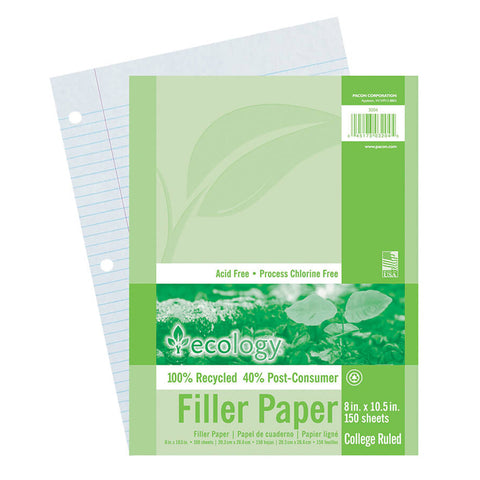 Recycled Filler Paper, White, 3-Hole Punched, 9/32 Ruled W/ Margin 8 X 10-1/2, 150 Sheets