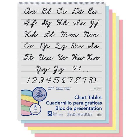 Colored Paper Chart Tablet, Cursive Cover, 5 Assorted Colors, 1 Ruled. 24 X 32, 25 Sheets