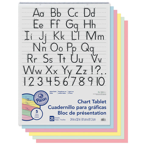 Colored Paper Chart Tablet, Manuscript Cover, 5 Assorted Colors, 1-1/2 Ruled. 24 X 32, 25 Sheets