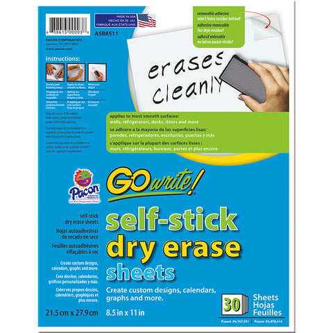 Dry Erase Sheets, Self-Adhesive, White, 8-1/2 X 11, 30 Sheets