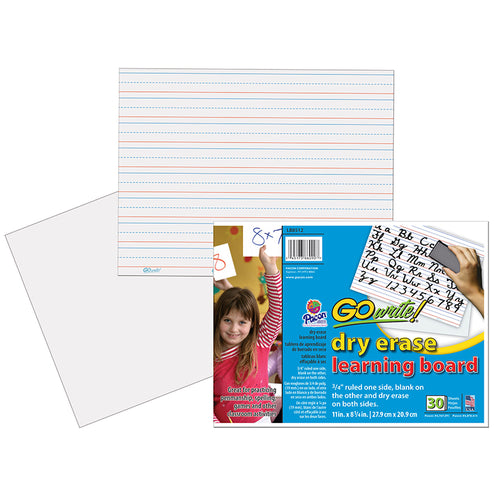 Dry Erase Learning Sheets, Non-Adhesive, White, 3/4 X 3/8 X 1/4 Ruled 11 X 8-1/4, 30 Sheets