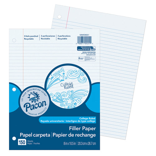 Filler Paper, White, 3-Hole Punched, Red Margin, 9/32 Ruled, 8 X 10-1/2, 150 Sheets