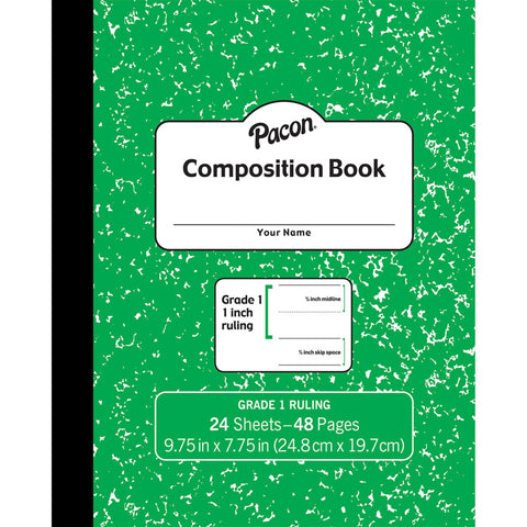 Composition Book, Grade 1, Green Marble, 1 X 1/2 X 1/2 Ruled, 9-3/4 X 7-3/4, 24 Sheets