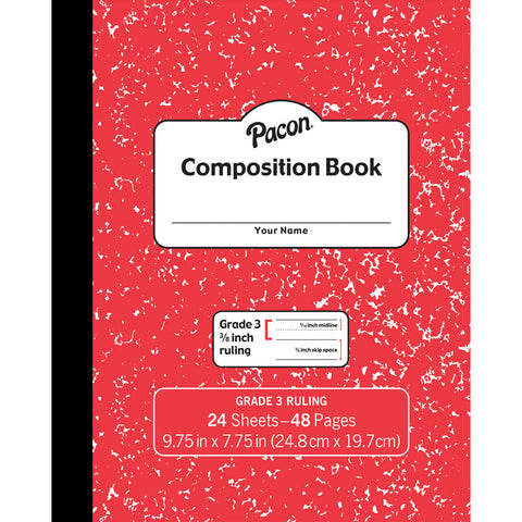 Composition Book, Grade 3, Red Marble, 3/8 X 3/16 X 3/16 Ruled, 9-3/4 X 7-3/4, 24 Sheets
