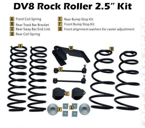 Jeep JK Rock Roller 2.5 Inch Lift Kit 07-18 Wrangler JK w/Shocks/Springs/ Brackets/ Spacers/ Bumpstops/ Endlinks/ Alignment Washers DV8 Offroad