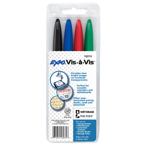 Expo Vis-A-Vis Overhead Projector Wet Erase Markers, Fine Tip, Asstd Colors, 4/Pkg