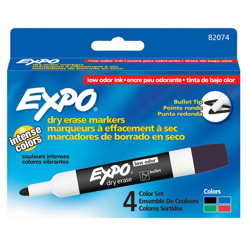 Expo Low Odor Dry Erase Markers, Bullet Tip, Asstd Colors, 4/Pkg